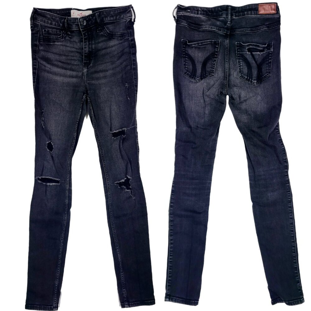 Hollister High Rise Super Skinny Black 27 W 30 L Jeggings Jeans Distressed rip